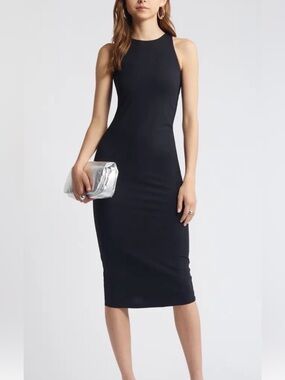 Open Edit Classic Black Midi Bodycon Dress - Sleeveless
